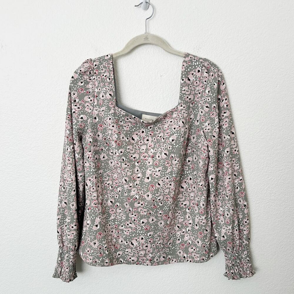 [Melloday] Green Pink Square Neck Puff Sleeve Floral Print Blouse Size Medium M